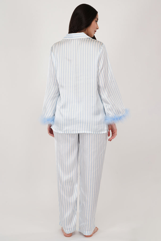 Sky | Sky-blue & White Stripes Loungewear Set with Fur-islay