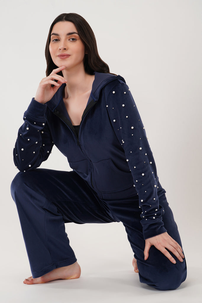 NAVY BLUE PEARL TRACKSUIT |VELVET TRACKSUITS-islay