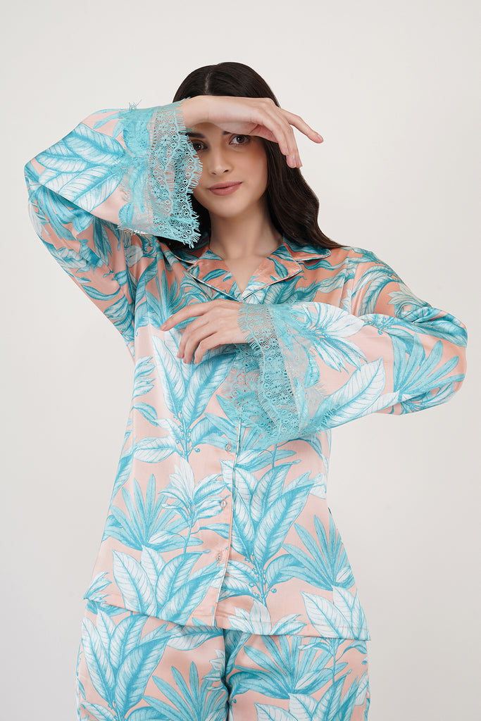 HAWAII | Aqua Floral Loungewear Set with Lace