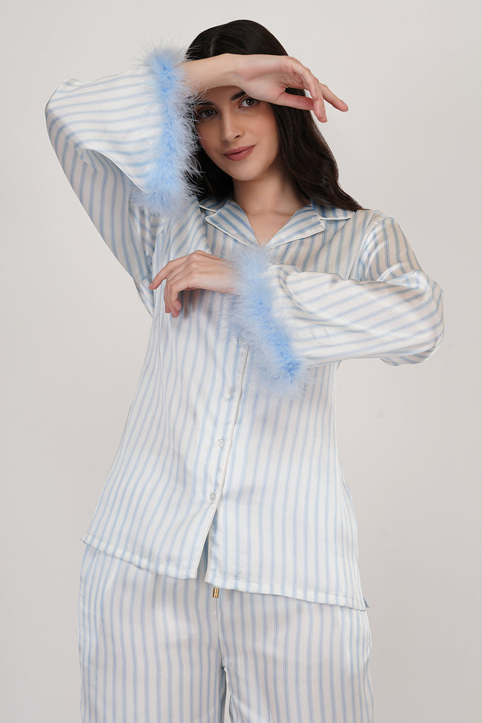 Sky | Sky-blue & White Stripes Loungewear Set with Fur-islay