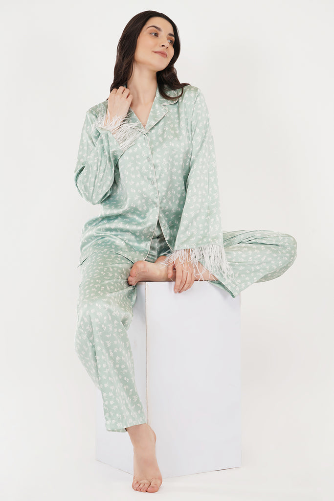 Sea Green | Mint-Green Satin Loungewear Set with Fur