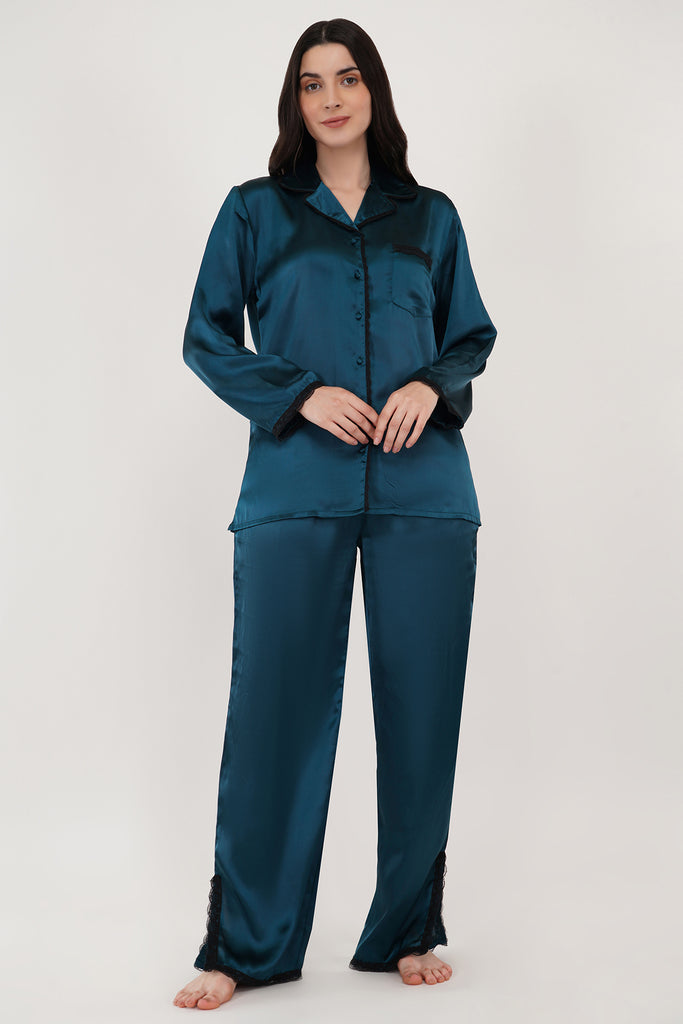 Star Glow | Teal Blue Satin Loungewear Set-islay