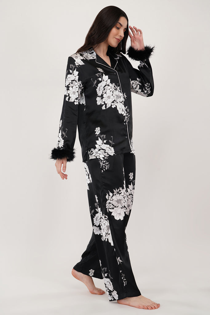 Satin Whisper| Black & White Floral Print Satin Loungewear Set with Fur-islay