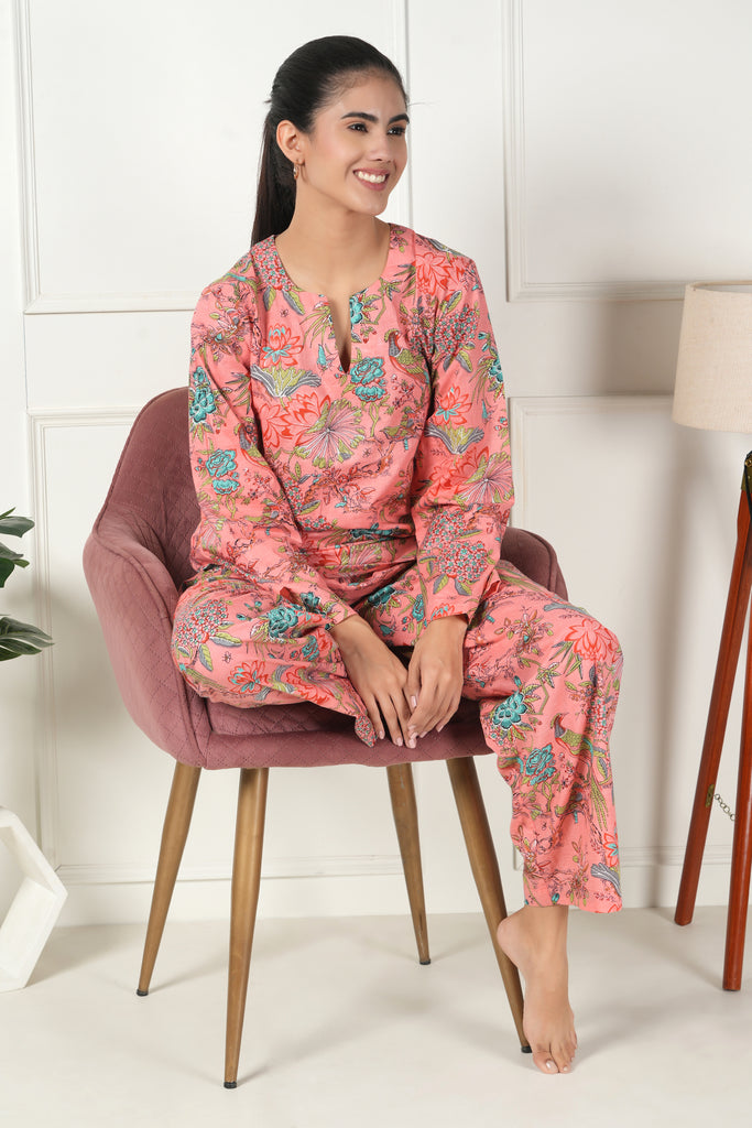 Coral Petal Perfection: Floral Cotton Co-Ord Set – Bloom in Style!